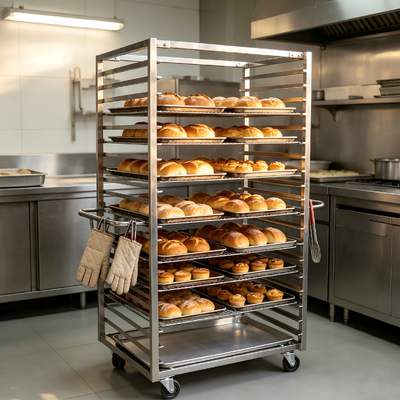 40 Tier Bakery Cooling Rack Bread Tray Trolley with 300-500kg Load Capacity and Detachable Trays for Pastry Shops